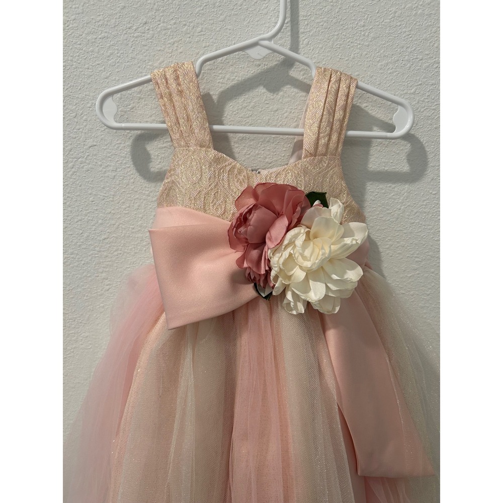Chantilly Place Toddler Girl Pink Gold Tulle Flower Girl Formal Dress 2T - Picture 2 of 7